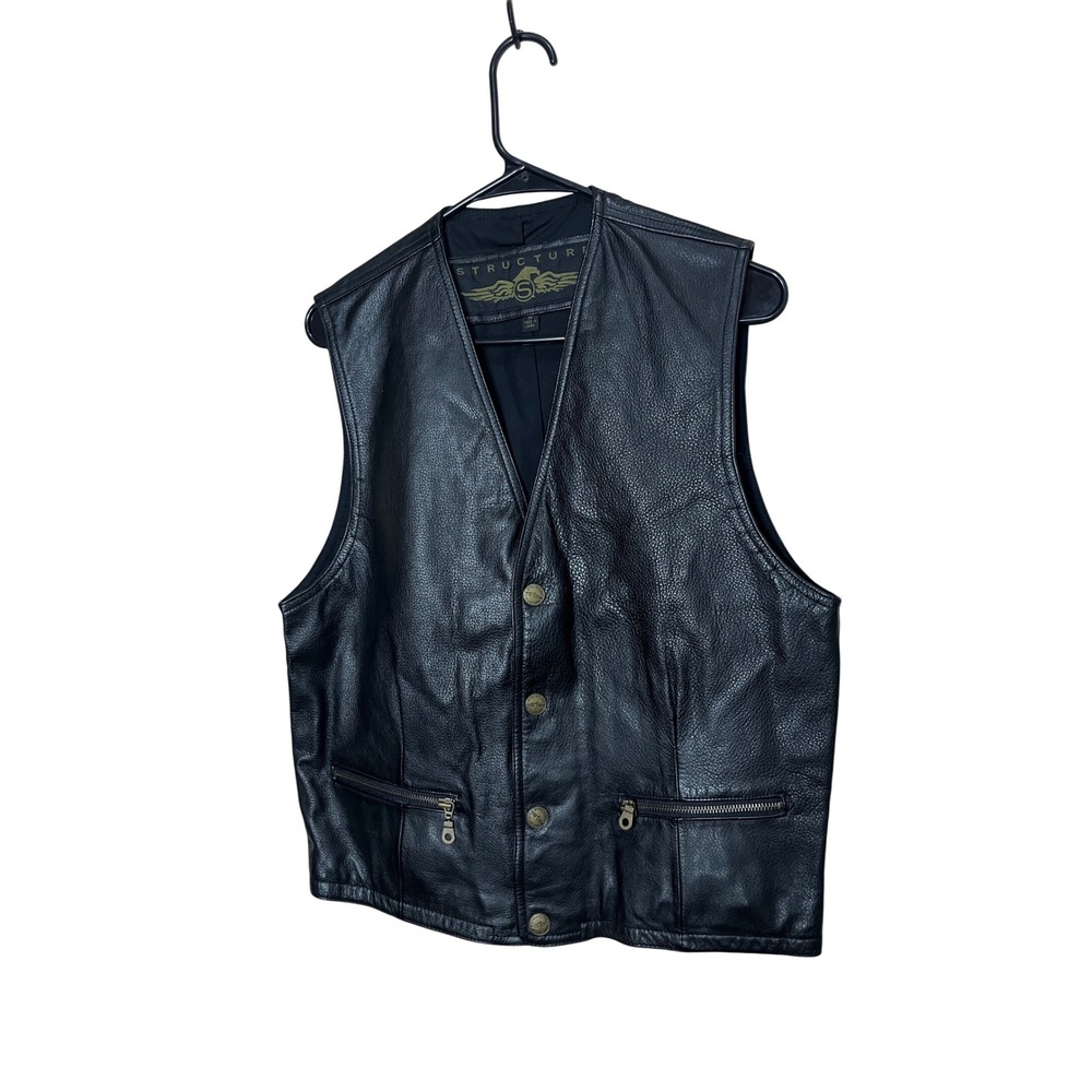 Structure‎ Mens Black Genuine Leather Vest Button Front Zip Pockets Size M